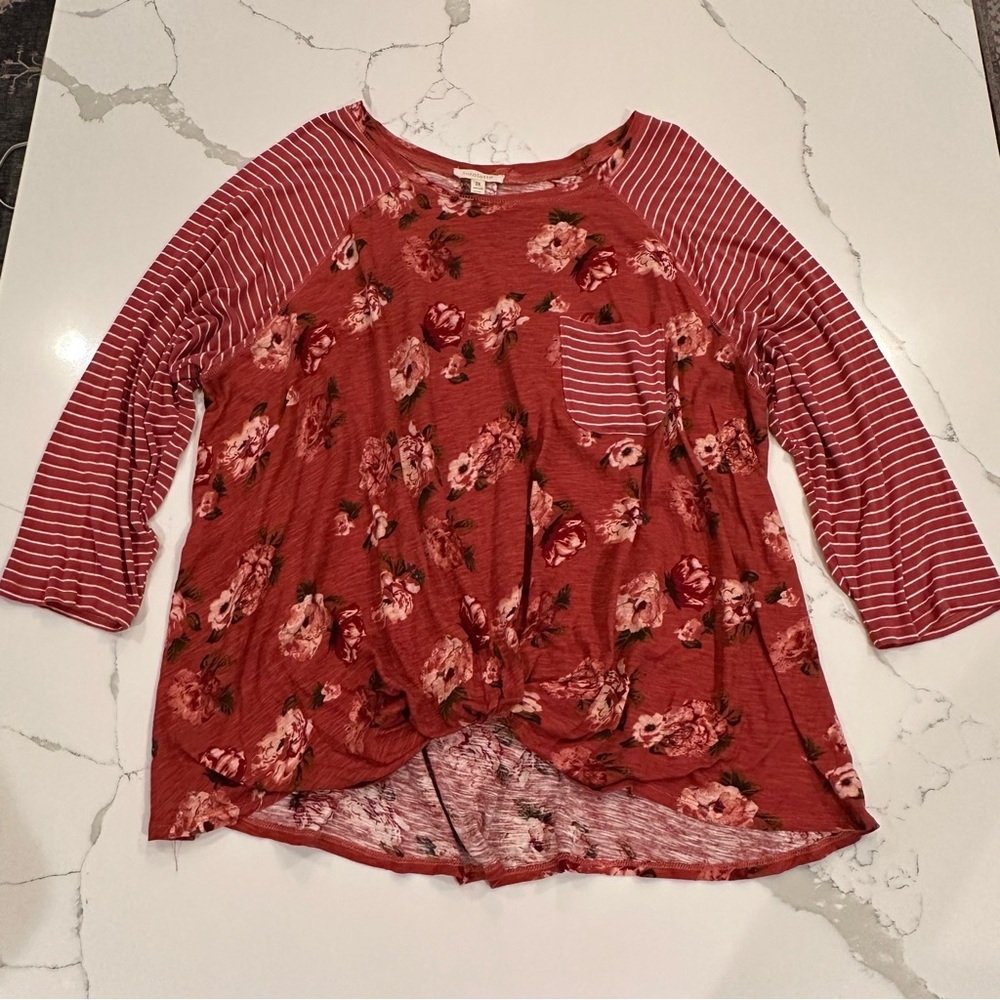 Loralette Plus Size Floral Striped Cotton Linen Pullover Top 2X Boho Cottagecore